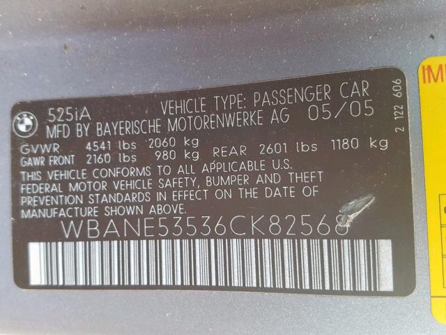 WBANE53536CK82568 - 2006 BMW 525 I SILVER photo 10