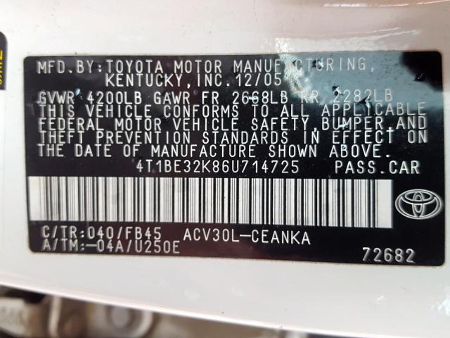 4T1BE32K86U714725 - 2006 TOYOTA CAMRY LE  photo 10