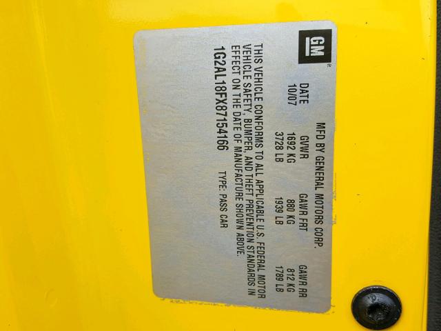 1G2AL18FX87154166 - 2008 PONTIAC G5 YELLOW photo 10