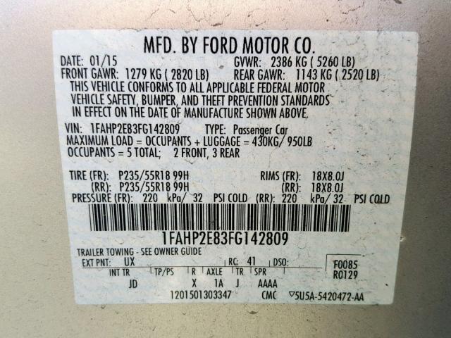 1FAHP2E83FG142809 - 2015 FORD TAURUS SEL SILVER photo 10