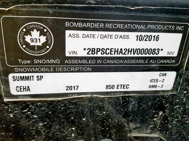 2BPSCEHA2HV000083 - 2017 SKI DOO SUMMIT SP BLACK photo 10