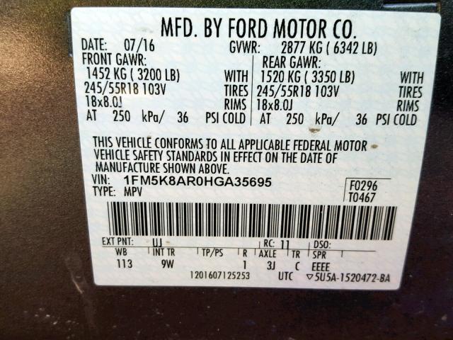 1FM5K8AR0HGA35695 - 2017 FORD EXPLORER P BLUE photo 10