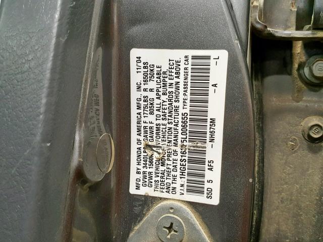 1HGES16325L006655 - 2005 HONDA CIVIC DX V GRAY photo 10