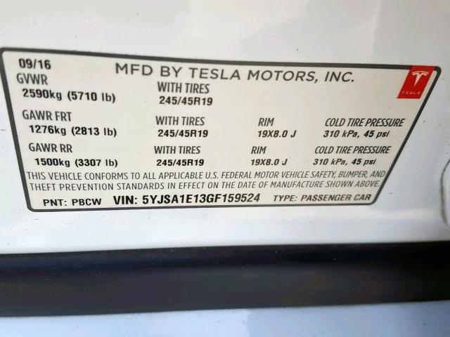 5YJSA1E13GF159524 - 2016 TESLA MODEL S WHITE photo 10