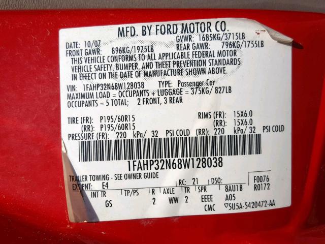 1FAHP32N68W128038 - 2008 FORD FOCUS S/SE RED photo 10