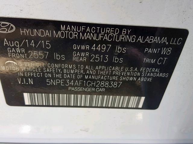 5NPE34AF1GH288387 - 2016 HYUNDAI SONATA SPO WHITE photo 10