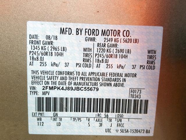 2FMPK4J89JBC55679 - 2018 FORD EDGE SEL SILVER photo 10