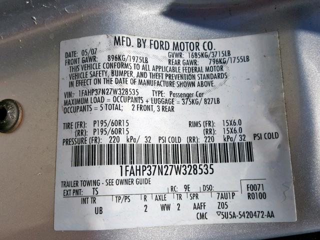 1FAHP37N27W328535 - 2007 FORD FOCUS ZX5 SILVER photo 10