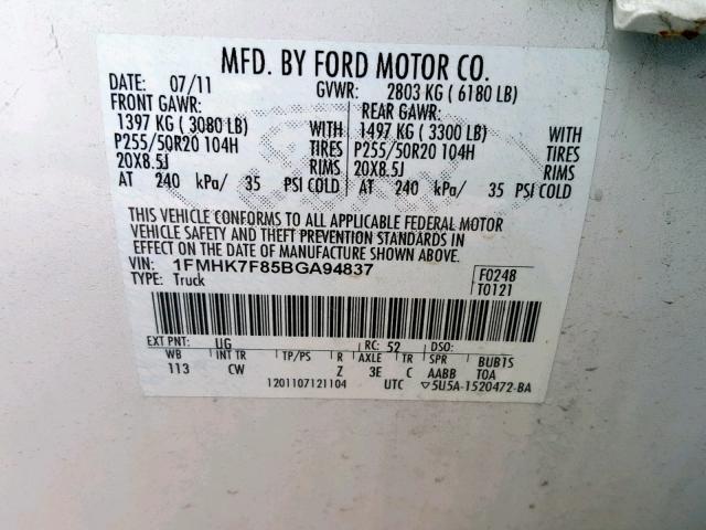 1FMHK7F85BGA94837 - 2011 FORD EXPLORER L WHITE photo 10