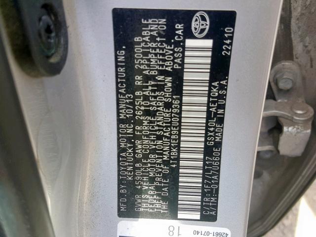 4T1BK1EB9EU079361 - 2014 TOYOTA AVALON BAS SILVER photo 10