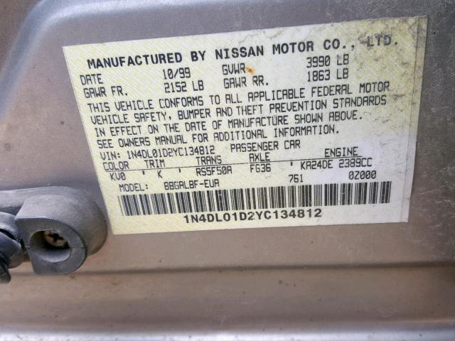 1N4DL01D2YC134812 - 2000 NISSAN ALTIMA XE BURGUNDY photo 10