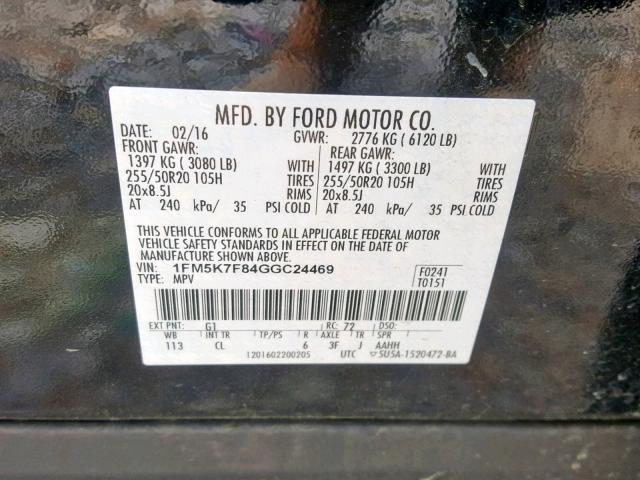 1FM5K7F84GGC24469 - 2016 FORD EXPLORER L BLACK photo 10