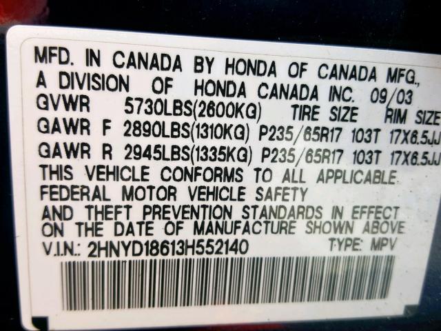 2HNYD18613H552140 - 2003 ACURA MDX TOURIN BLUE photo 10