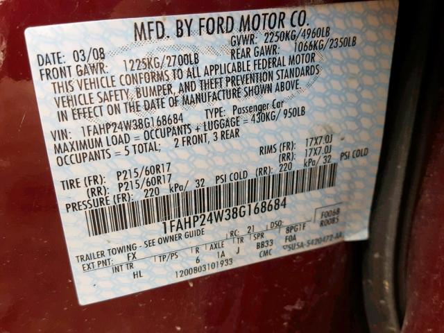 1FAHP24W38G168684 - 2008 FORD TAURUS SEL RED photo 10