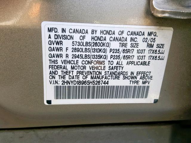 2HNYD18965H526744 - 2005 ACURA MDX TOURIN GOLD photo 10