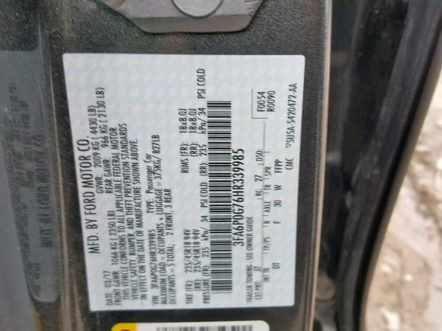 3FA6P0G76HR339985 - 2017 FORD FUSION S GRAY photo 10