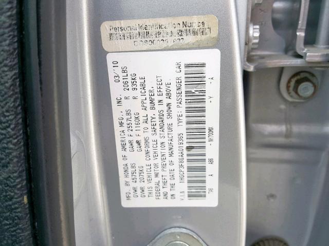 1HGCP3F86AA019365 - 2010 HONDA ACCORD EXL SILVER photo 10