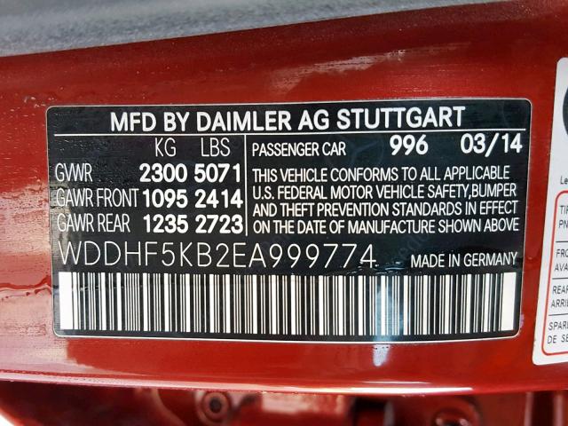 WDDHF5KB2EA999774 - 2014 MERCEDES-BENZ E 350 RED photo 10