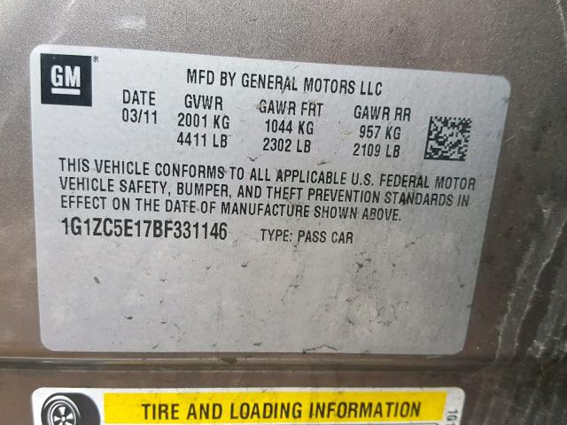 1G1ZC5E17BF331146 - 2011 CHEVROLET MALIBU 1LT BROWN photo 10