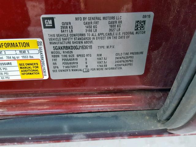 5GAKRBKD0GJ163618 - 2016 BUICK ENCLAVE BURGUNDY photo 10