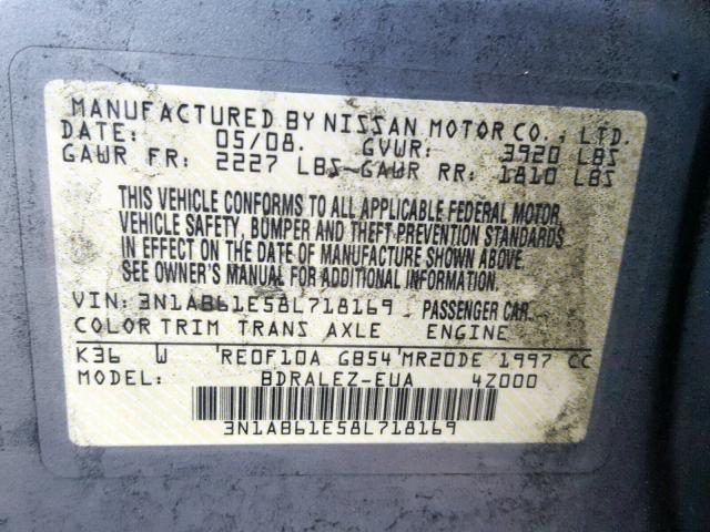 3N1AB61E58L718169 - 2008 NISSAN SENTRA 2.0 GRAY photo 10