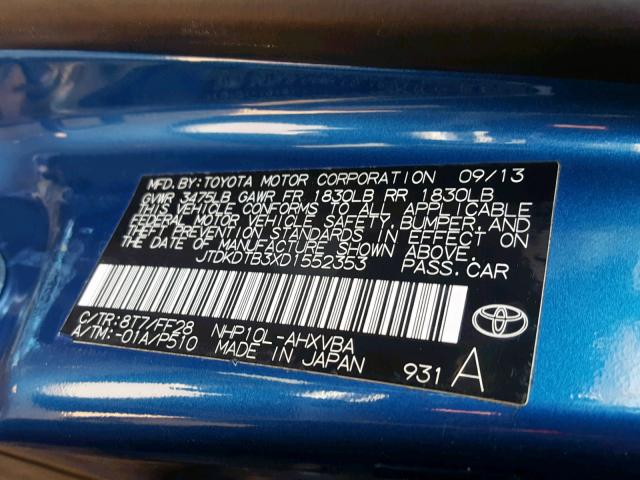 JTDKDTB3XD1552353 - 2013 TOYOTA PRIUS C BLUE photo 10