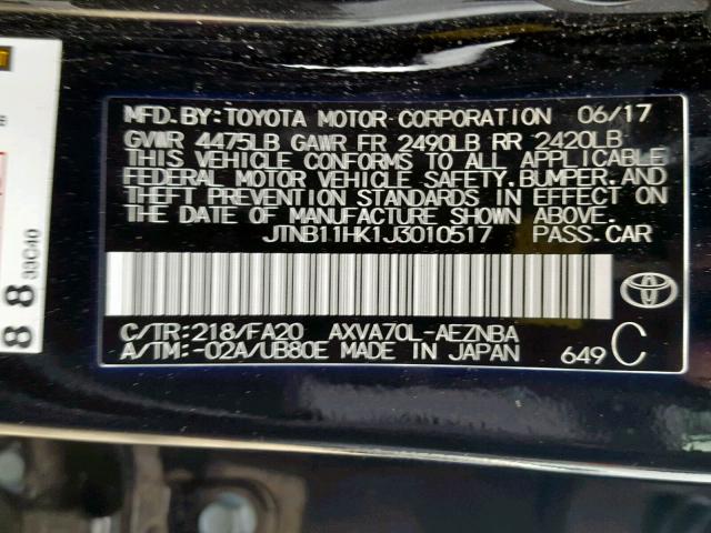 JTNB11HK1J3010517 - 2018 TOYOTA CAMRY L BLACK photo 10