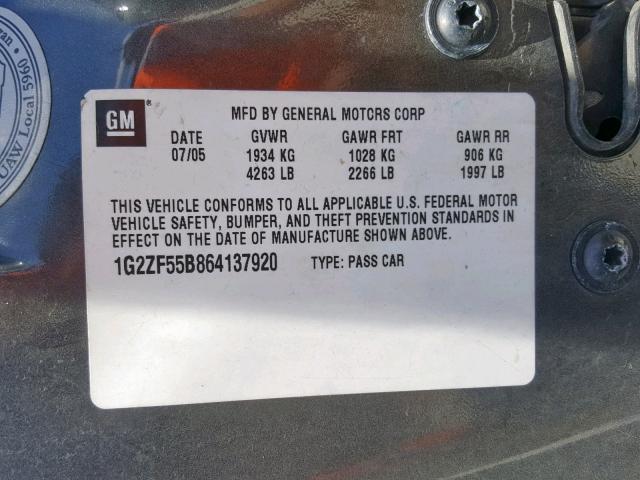 1G2ZF55B864137920 - 2006 PONTIAC G6 SE GRAY photo 10