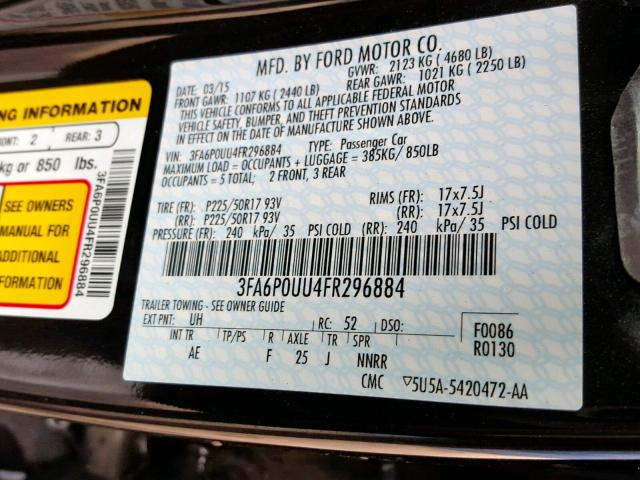 3FA6P0UU4FR296884 - 2015 FORD FUSION S H BLACK photo 10