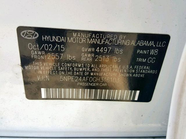 5NPE24AF0GH316103 - 2016 HYUNDAI SONATA SE WHITE photo 10