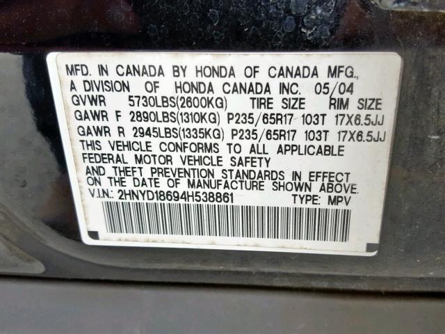 2HNYD18694H538861 - 2004 ACURA MDX TOURIN BLACK photo 10