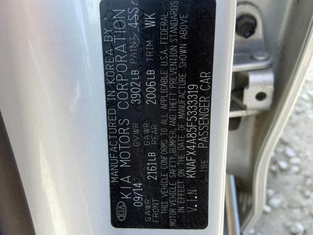 KNAFX4A85F5333319 - 2015 KIA FORTE EX SILVER photo 10