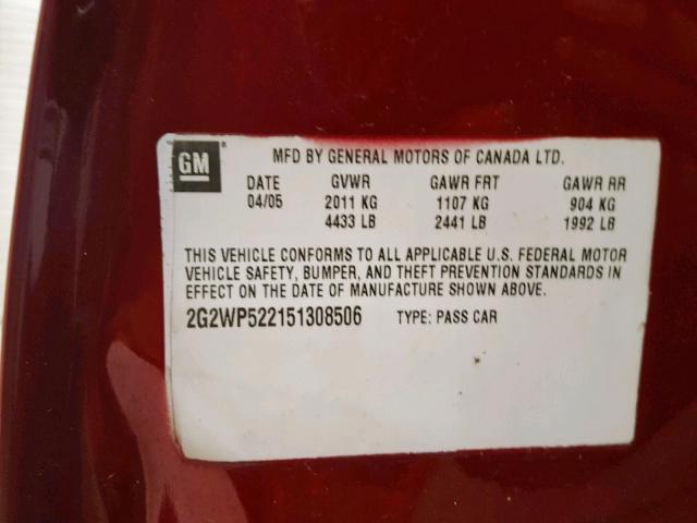 2G2WS522051175848 - 2005 PONTIAC GRAND PRIX RED photo 10