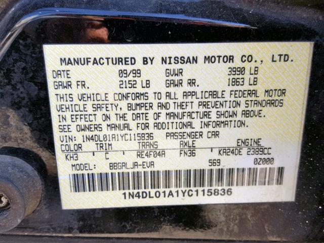 1N4DL01A1YC115836 - 2000 NISSAN ALTIMA XE BLACK photo 10