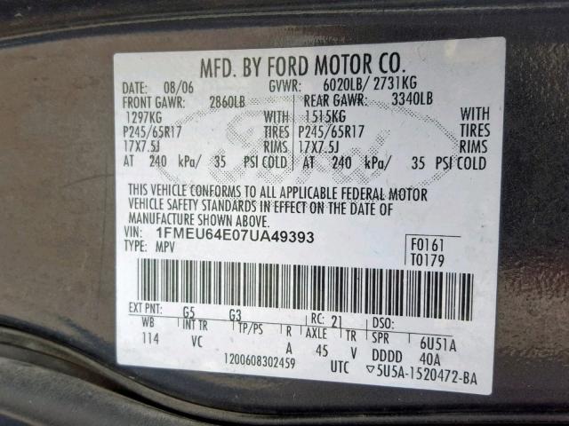 1FMEU64E07UA49393 - 2007 FORD EXPLORER E BLACK photo 10