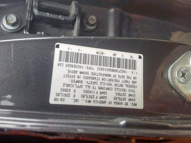 1HGCP36889A010923 - 2009 HONDA ACCORD EXL GRAY photo 10