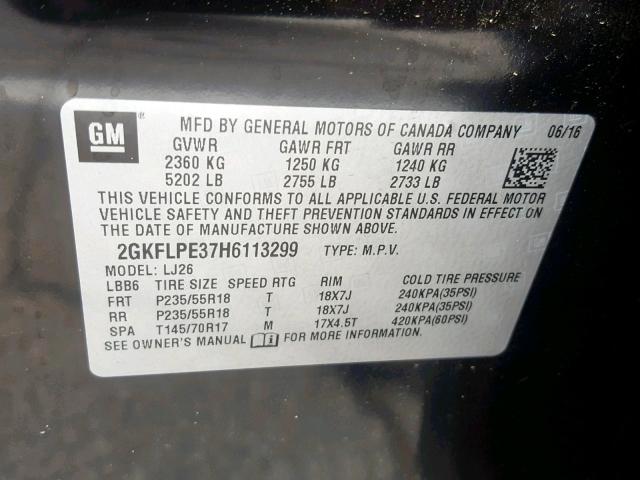 2GKFLPE37H6113299 - 2017 GMC TERRAIN SL BLACK photo 10