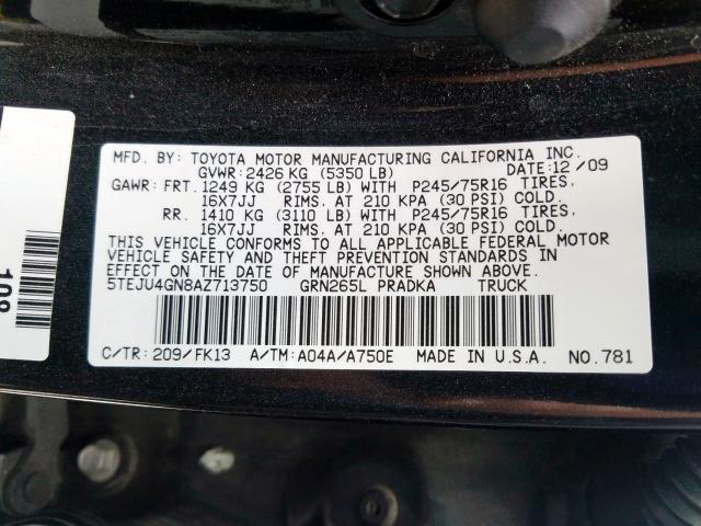 5TEJU4GN8AZ713750 - 2010 TOYOTA TACOMA DOUBLE CAB PRERUNNER  photo 10