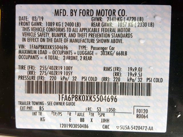 1FA6P8K0XK5504696 - 2019 FORD MUSTANG BU GREEN photo 10