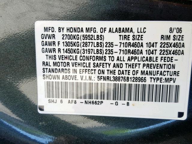 5FNRL38876B128966 - 2006 HONDA ODYSSEY TO GRAY photo 10