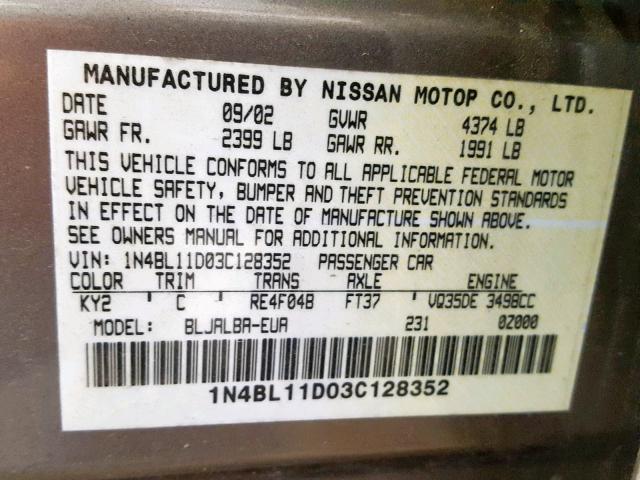 1N4BL11D03C128352 - 2003 NISSAN ALTIMA SE TAN photo 10