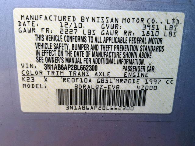 3N1AB6AP2BL662300 - 2011 NISSAN SENTRA 2.0 SILVER photo 10