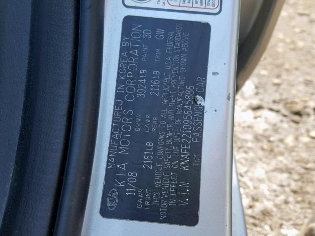 KNAFE221095645886 - 2009 KIA SPECTRA EX SILVER photo 10