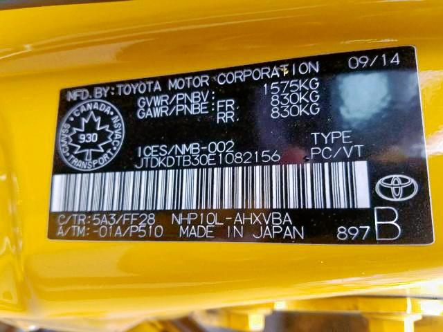 JTDKDTB30E1082156 - 2014 TOYOTA PRIUS C YELLOW photo 9