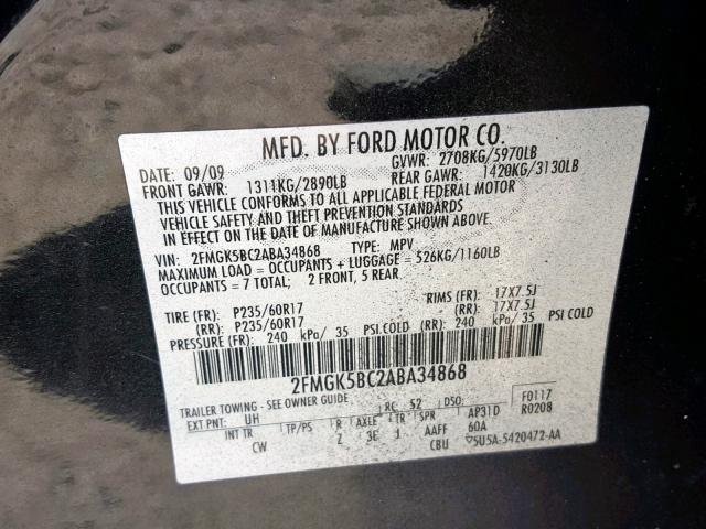 2FMGK5BC2ABA34868 - 2010 FORD FLEX SE BLACK photo 10