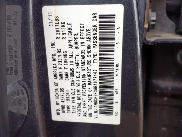 1HGCP2F38BA077445 - 2011 HONDA ACCORD LX  photo 10