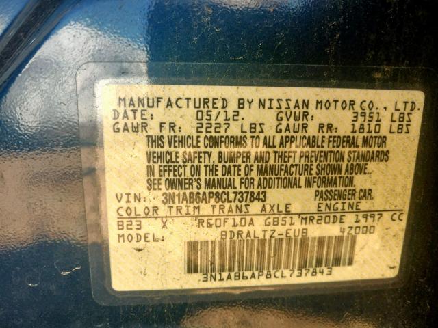 3N1AB6AP8CL737843 - 2012 NISSAN SENTRA 2.0 BLUE photo 10