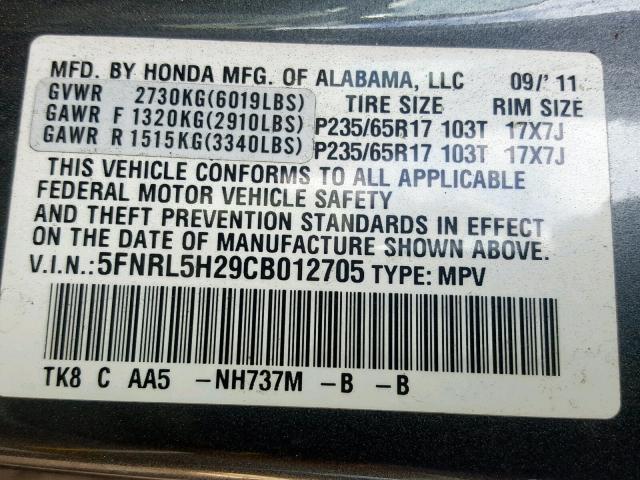 5FNRL5H29CB012705 - 2012 HONDA ODYSSEY LX GRAY photo 10