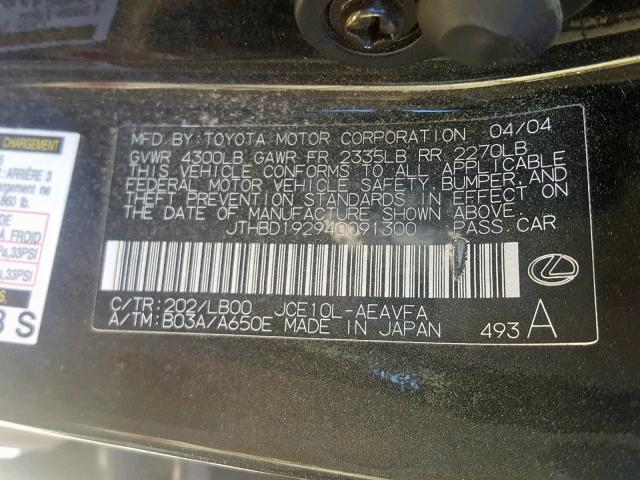 JTHBD192940091300 - 2004 LEXUS IS 300 BLACK photo 10