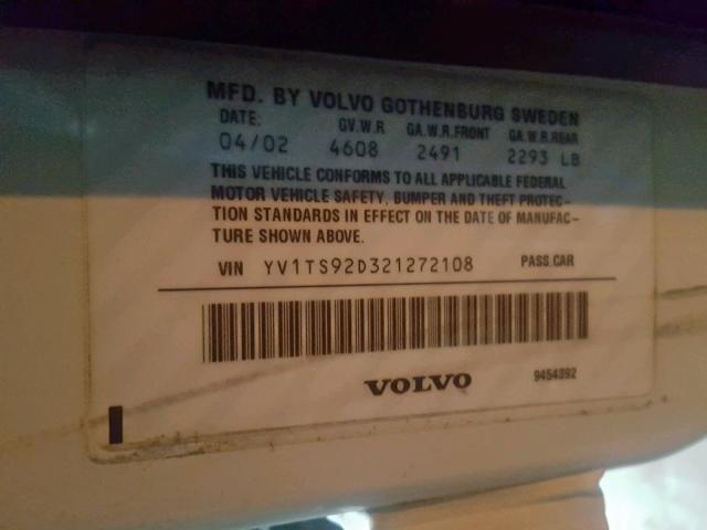 YV1TS92D321272108 - 2002 VOLVO S80 WHITE photo 10